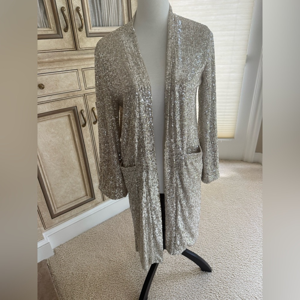 Silver champagne Sequin Open Front Cardigan Duster Small worn once